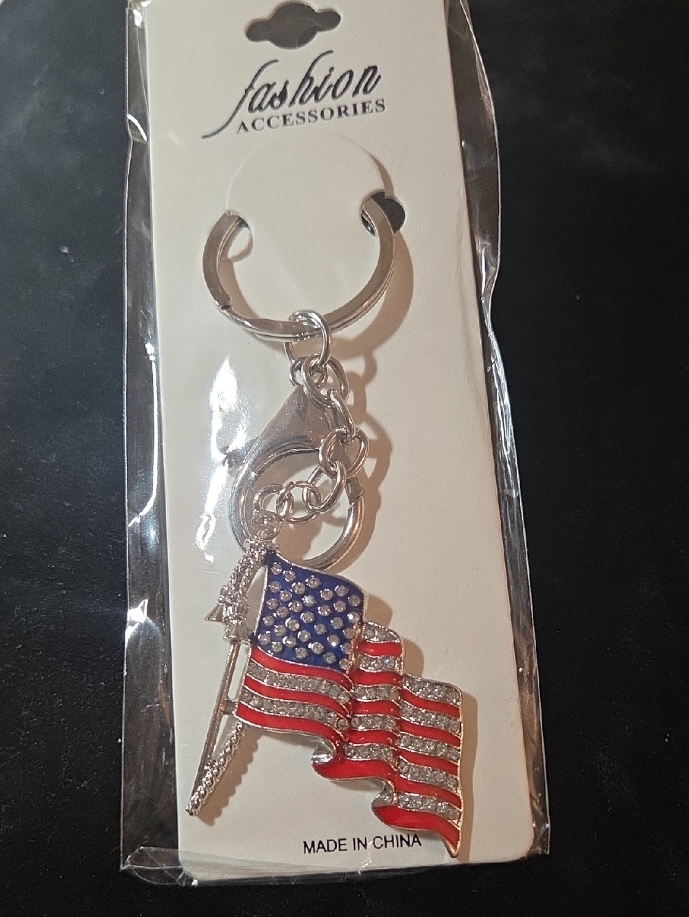 Silver American Flag Keychain - Red & Blue With Crystals